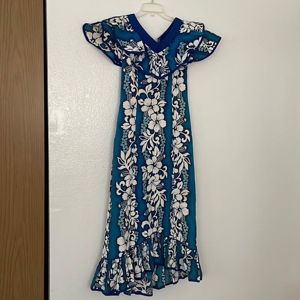 Blue Floral Maxi Dress with Ruffle Trim
